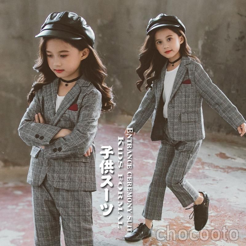 子供スーツ フォーマル 女の子 子供服 セットアップ キッズ 卒業式 長袖 アウター 春秋 2点セット ジュニア 通学着 発表会 入学式 チェック柄 おしゃれ nee3d753953