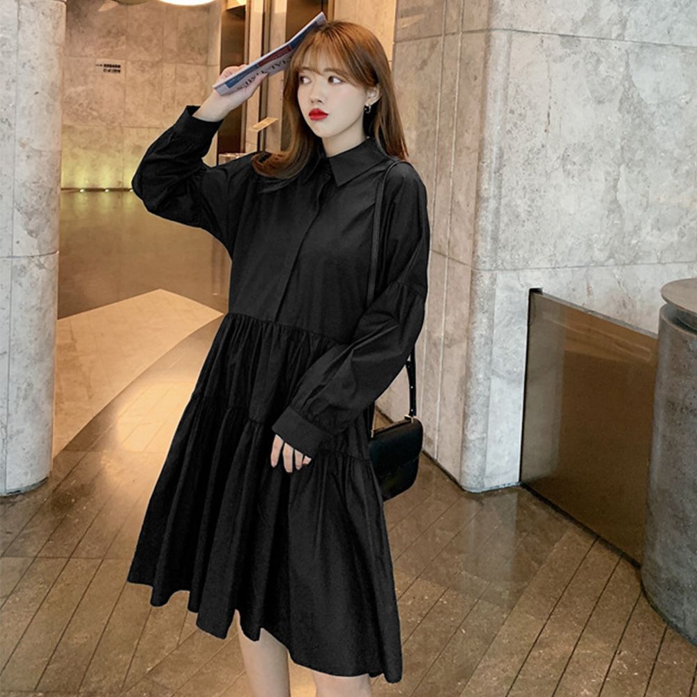 シャツワンピース ひざ丈 長袖 ティアード エレガント シック 大人