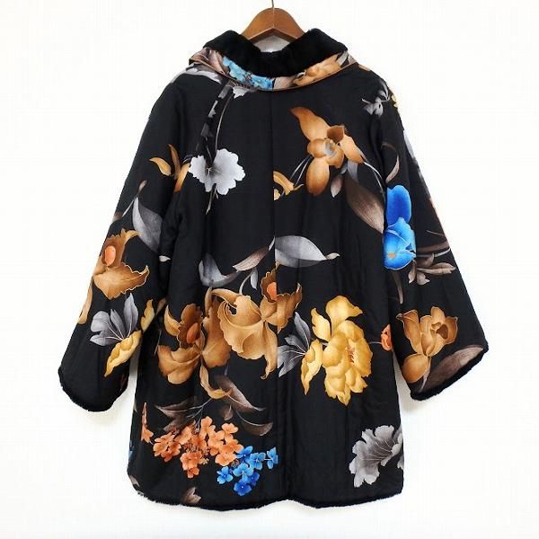 wnc レオナール LEONARD コート 9R 黒 マルチ 花柄 中綿 裏地ボア