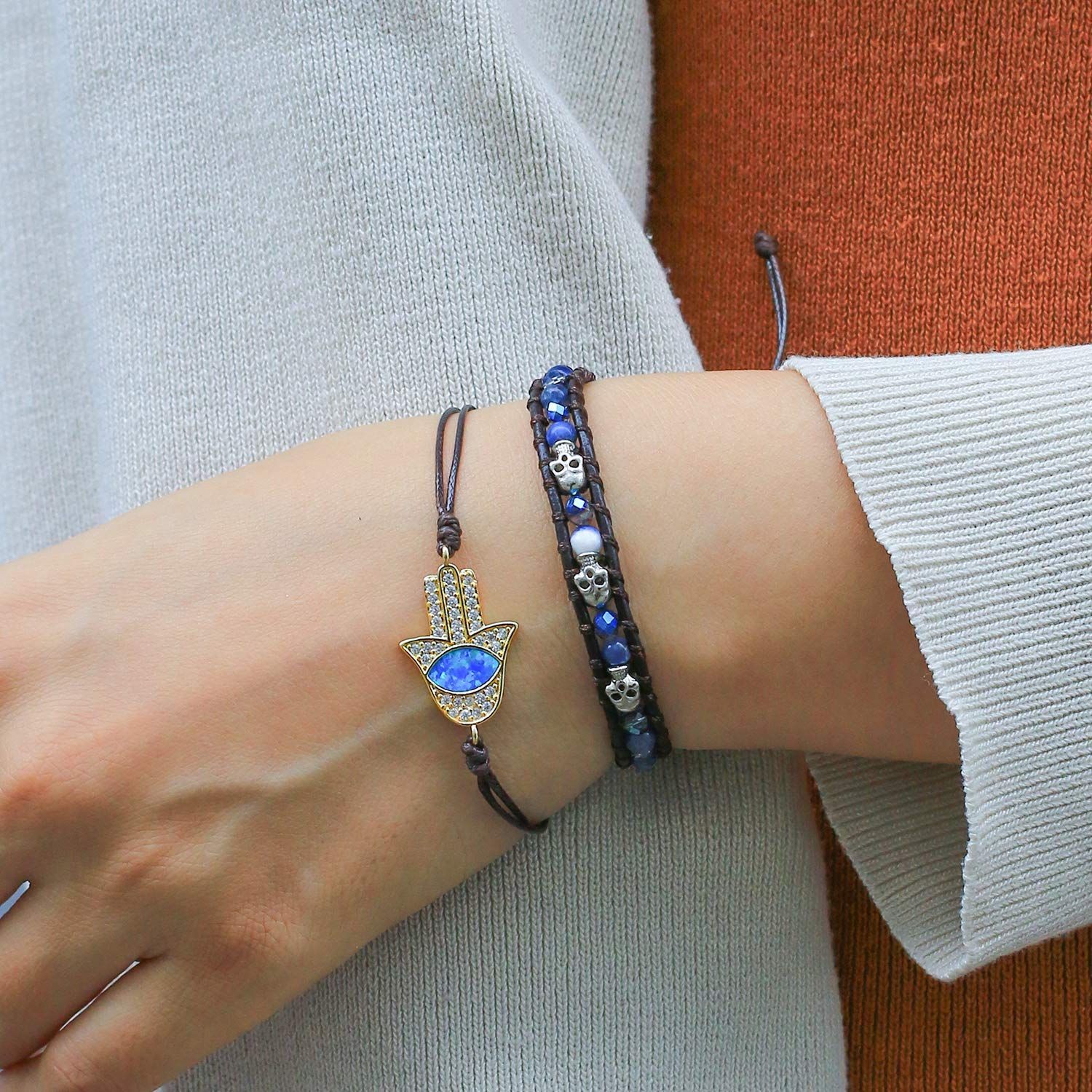 KELITCH ゴーストヘッドブラッククリスタルビーズブレスレットハンドメイド友情ブレスレットチャームブレスレットジュエリー