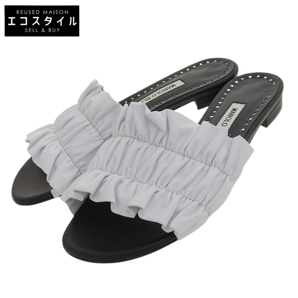 MANOLO BLAHNIK マノロブラニク RUFAS ギャザー フラット サンダル シューズ レディース ホワイト×ブラック 36 36
