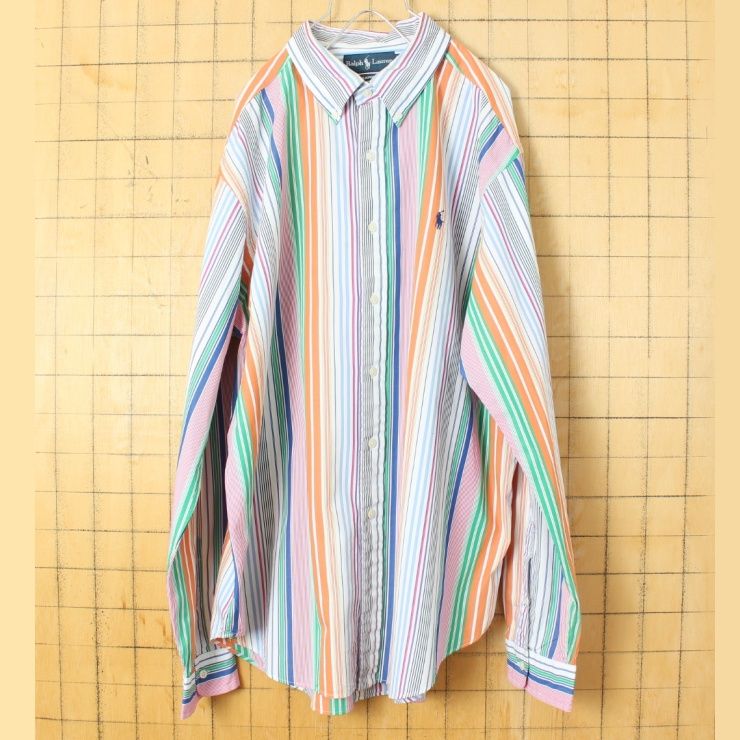 USA Polo RALPH LAUREN ポロ ラルフローレン 長袖 ボタンダウン ストライプ シャツ カラフル ブルー オレンジ メンズXL アメリカ古着　013124ss2