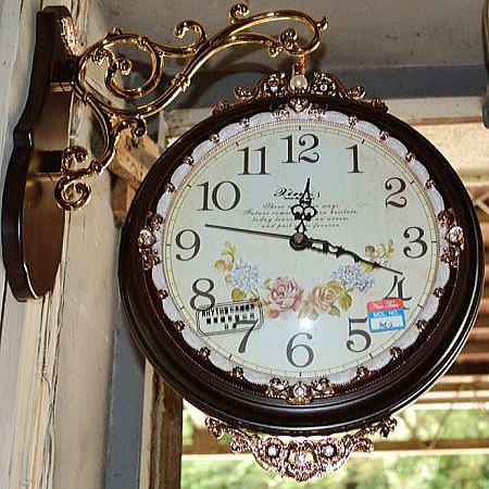 無音　両面時計　アンティーク調　ブラウン　ゴールド　ホルダー付き　クラシカル