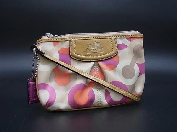 COACH コーチ オプアート ナイロン×パテントレザー リストレット ポーチ 小物入れ ベージュ系×マルチカラー DJ5117