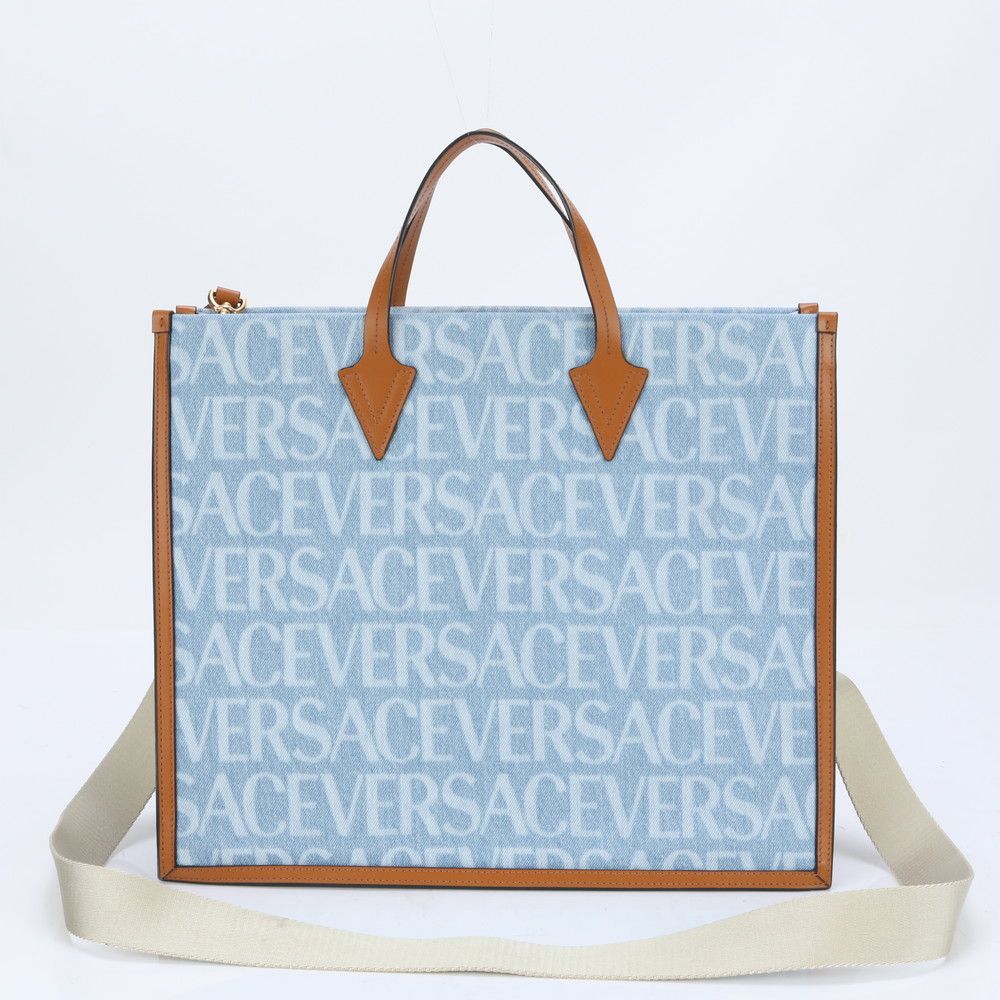 未使用 ヴェルサーチ オールオーバー デニム レザー 2WAY トート バッグ 新品同様 ヴェルサーチ オールオーバー デニム レザー 2WAY トート
