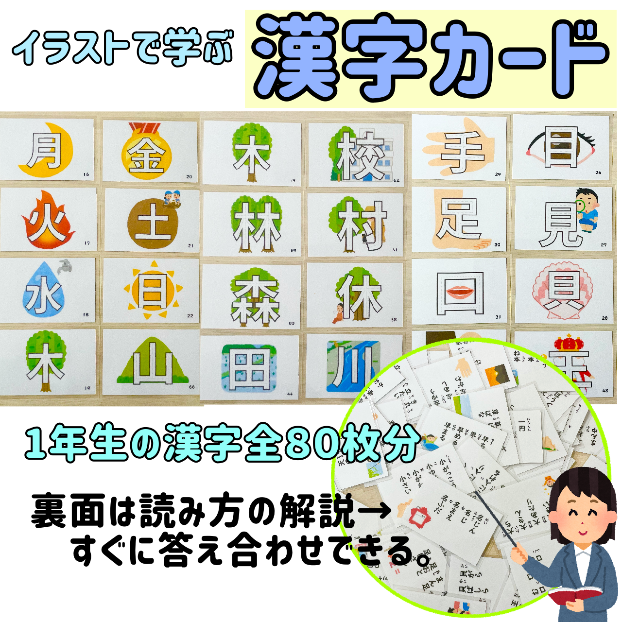 メルカリshops イラストで学ぶ漢字カード 一年生 80文字