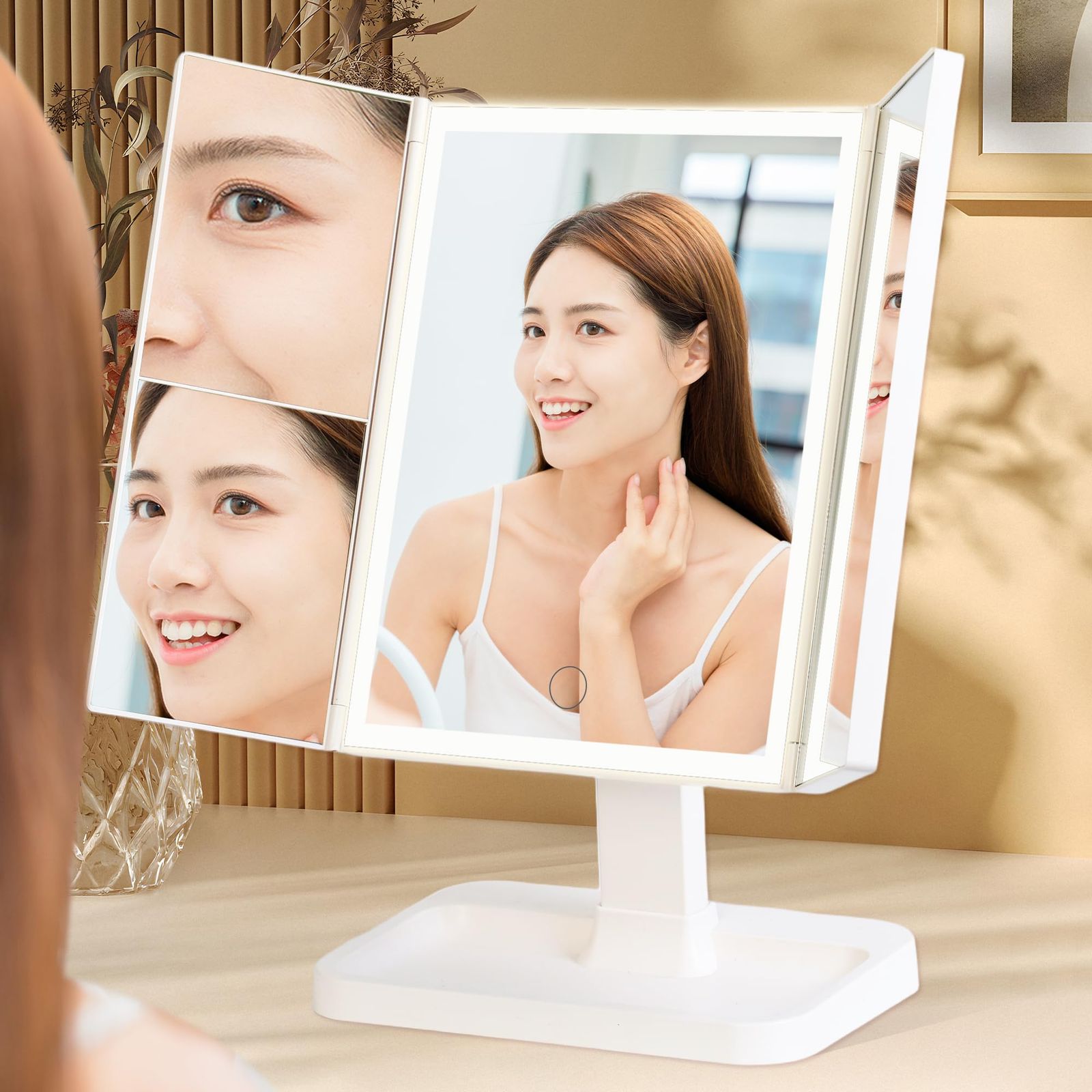 新品 Browgrow 女優ミラー 卓上鏡 三面鏡 LEDライト付き 化粧鏡