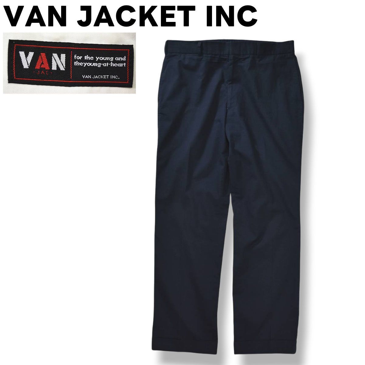 上品 日本製 ヴァン ヂャケット VAN JACKET INC コットン チノ スラックス パンツ チノパン ノータック シンチバック ダブルステッチ ジップアップ 85 ネイビー アメリカン カジュアル トラッド メンズ