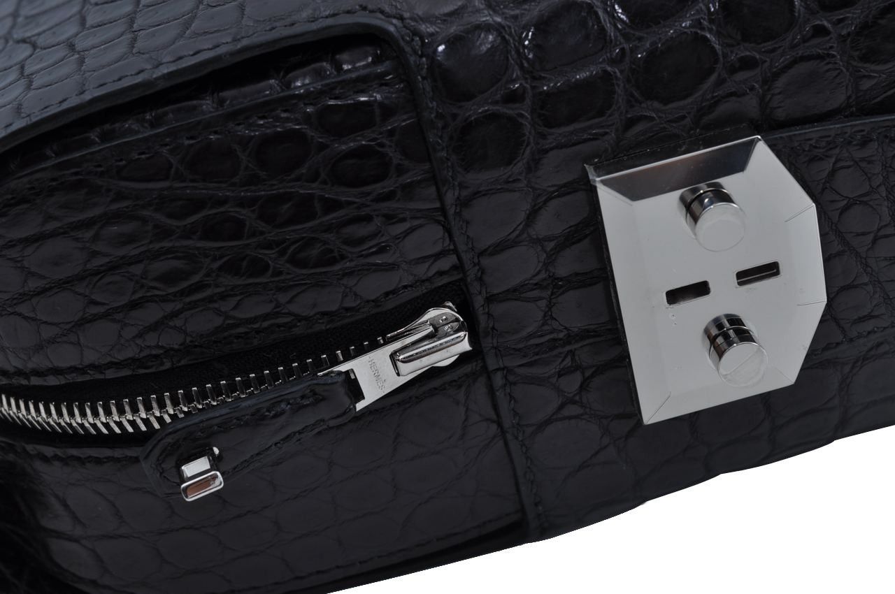 HERMES ブリーフケース クロコ シティホール ポロサスマット ブラック  