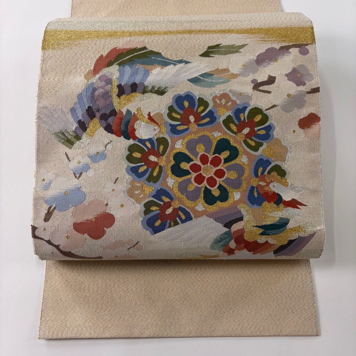 名古屋帯 美品 秀品 八寸名古屋帯 松葉仕立て 華文 鳥 金銀糸 箔