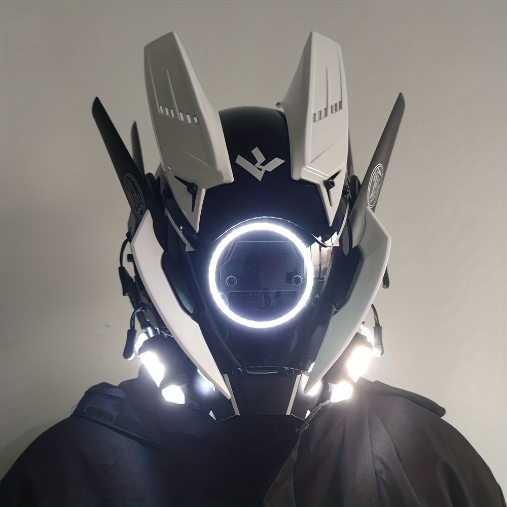 新しいカジュアルクールサイバーパンクマスク 白いラウンドLEDライトアーマードコスプレハロウィンパーティーギフト 大人向け