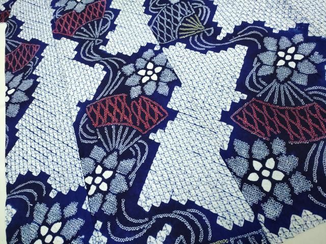 平和屋本店□極上 夏物 浴衣 有松鳴海絞り 扇花文 綿 逸品  