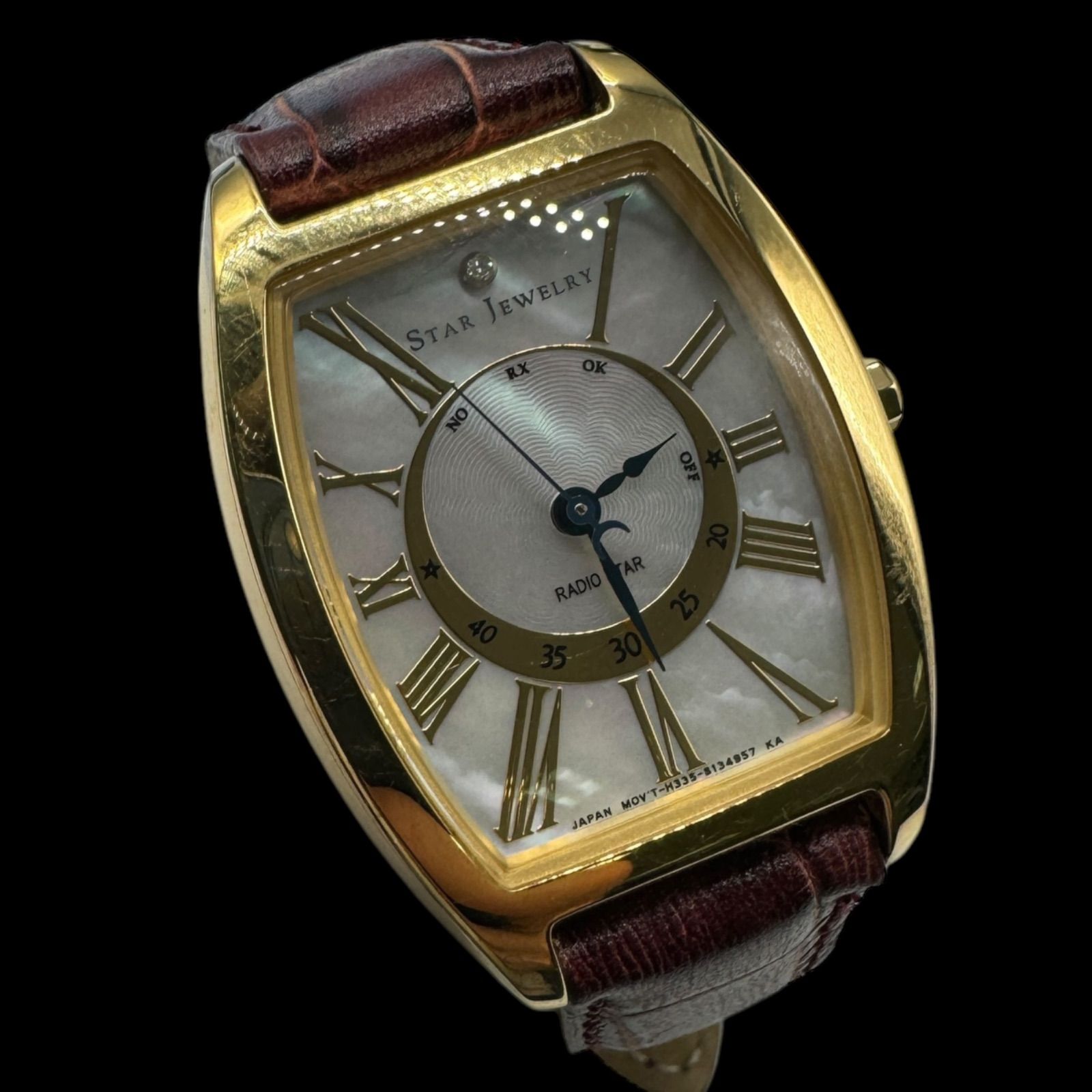 稼働 STAR JEWELRY スタージュエリー RADIO STAR 1Pダイヤモンド 0.005ct レディース腕時計 クロコ型押しベルト SS シェル ゴールド×ボルドー