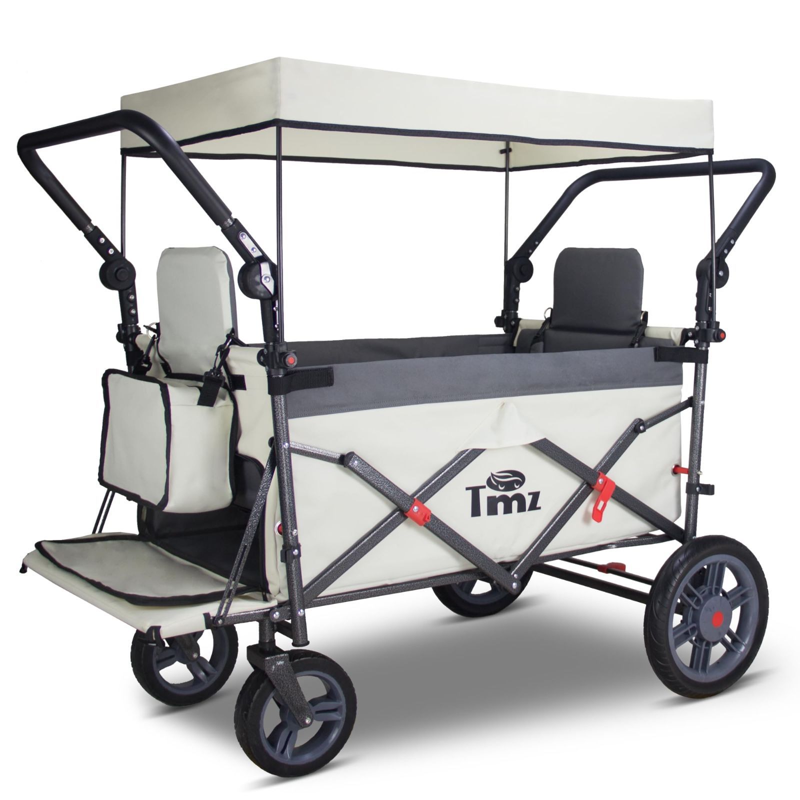 クリーム入り|グレー アウトドアワゴン 折りたたみ式 シートとシートベルト付き多機能カート 荷室拡張 前後ダブルプッシュハンドル 耐荷重約120kg ストッパー付き キャリーカート TMZ