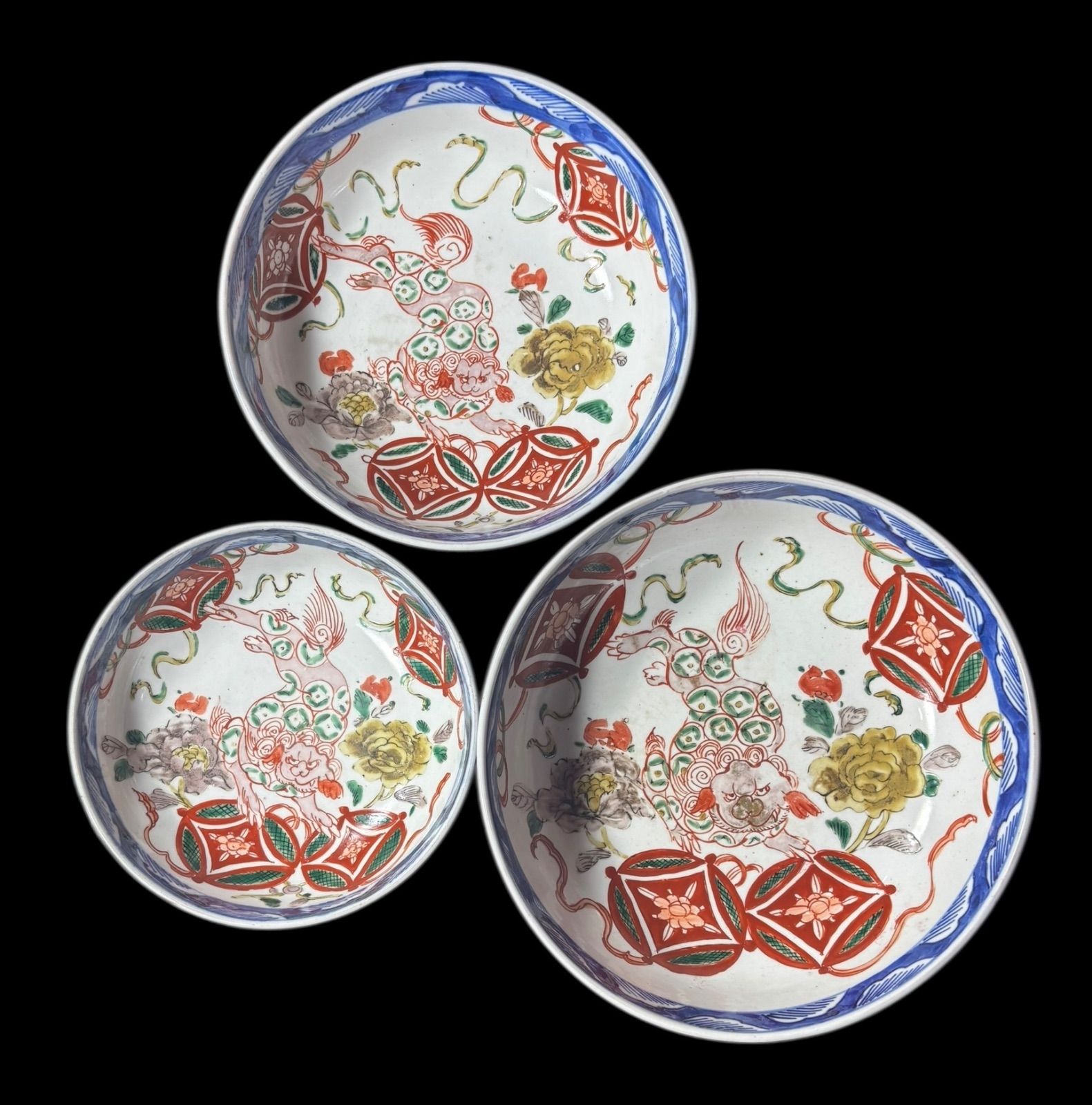 !! 3組鉢 伊万里 大鉢 獅子牡丹文 赤絵 色絵 鉢 丸皿 盛り皿 飾り皿 古伊万里 古美術 和食器 アンティーク