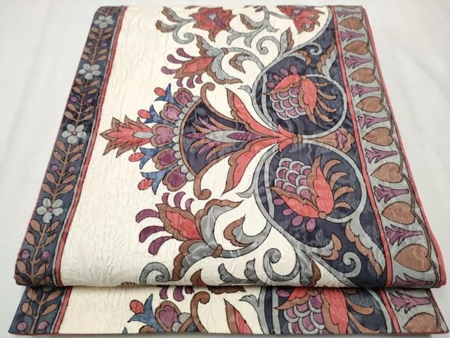 平和屋着物●博多織　鵬翔　全通柄袋帯　ふくれ織　更紗花唐草文　正絹　逸品　CAAX1419hy 平和屋着物○博多織 鵬翔 全通柄袋帯 ふくれ織 更紗花唐草