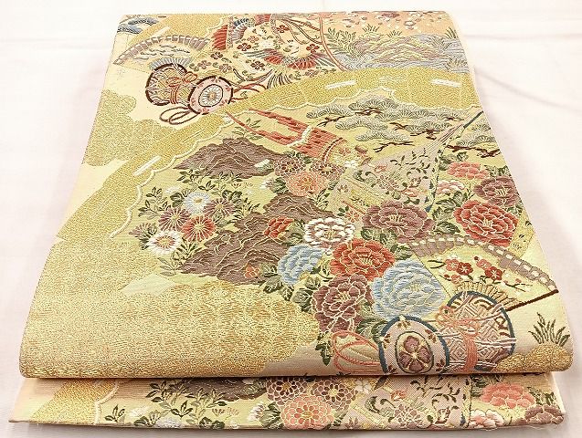 平和屋着物◎六通柄袋帯 唐織 雪輪花蝶文 金糸 正絹 逸品
