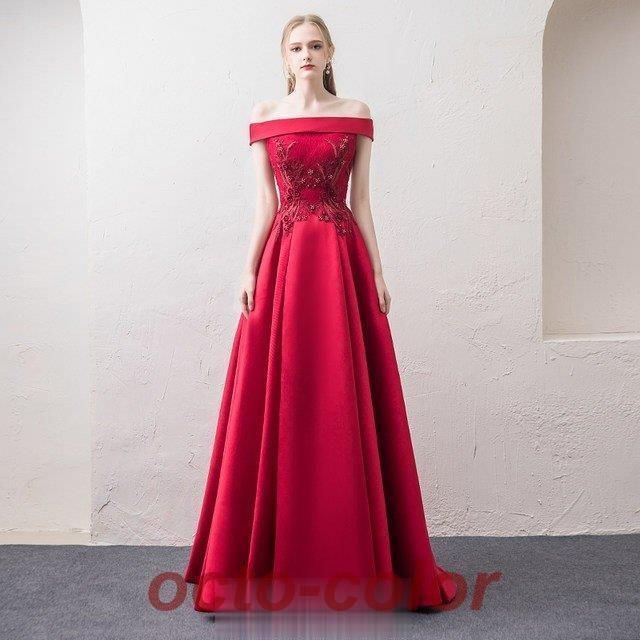 結婚式 ロングドレス ボートネック オフショルダー ワイン ドレス 二次会 イブニングドレス 宴会 二次会 パーティードレス イブニングドレ
