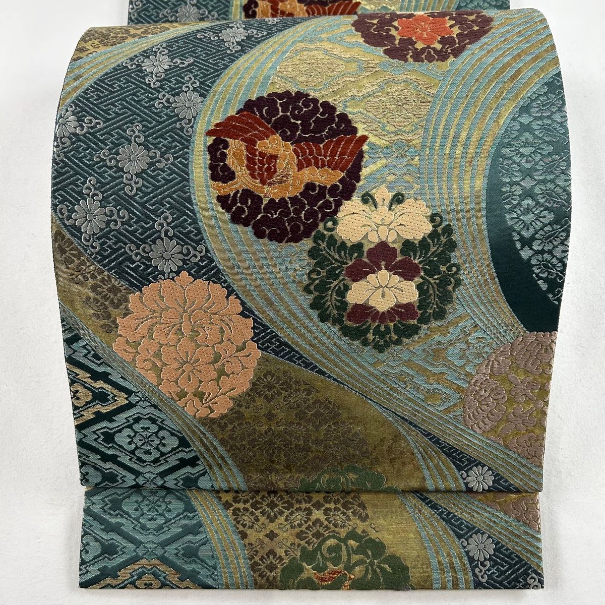 袋帯 美品 秀品 証紙 花鳥 花菱 唐織 箔 緑 六通 正絹 【中古