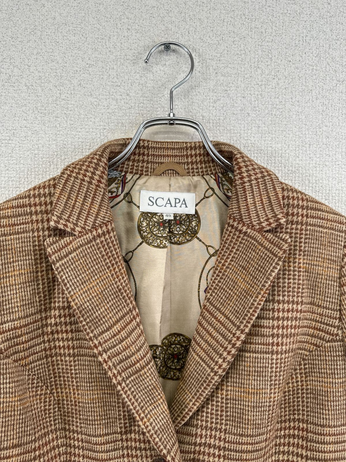 90&#39;s  日本製  Scapa スカパ テーラードジャケット  千鳥格子 ブラウン系     レディース サイズ 42  6 単 90's 日本製 Scapa スカパ テーラードジャケット 千鳥格子