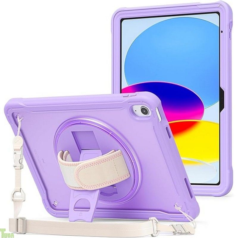 ProCase iPad 11世代/10世代 ショルダーケース iPad（A16）11インチ 2025/10.9インチ 2022通用 肩掛け式 子供用 耐衝撃 半透明カバー ペン収納 360回転スタンド 手首付き 3層保護 （パープル）