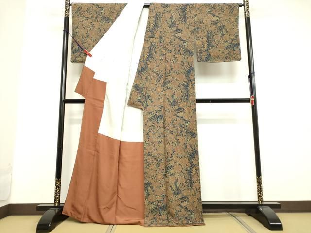 平和屋着物▽小紋 単衣 紬地 草花文 正絹 逸品 DAAT7818ob