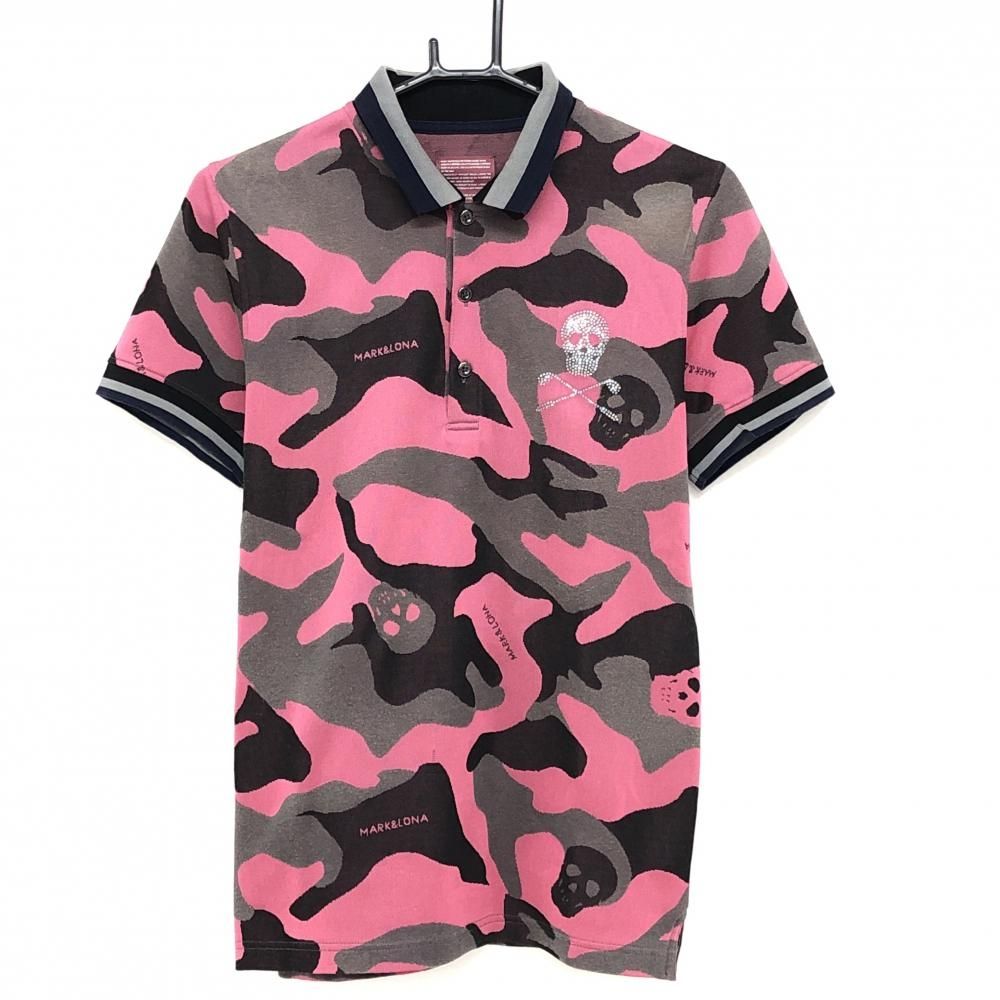 マークアンドロナ 半袖ポロシャツ ピンク×グレー 迷彩 カモフラ スカル