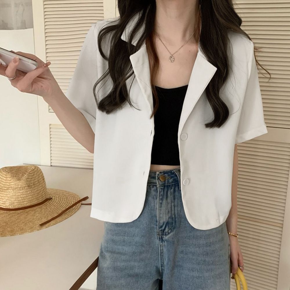 ベーシッククロップド丈半袖ジャケット 韓国ファッション白 夏服