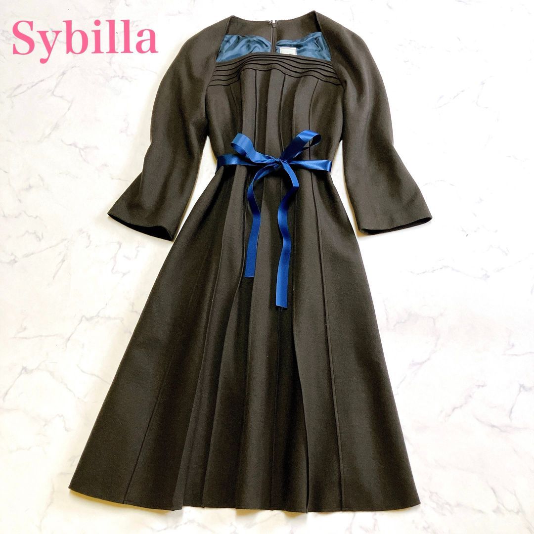 Sybilla シビラ ロングワンピース ウール ピンタック Aライン M～細身L 細見え 上品