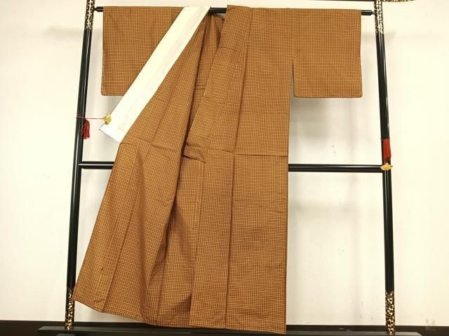 平和屋着物▽本場黄八丈　平織　紬　単衣　格子　正絹　逸品　AAAZ9622fy 平和屋着物▽本場黄八丈 平織 紬 単衣 格子 正絹 逸品 AAAZ9622fy