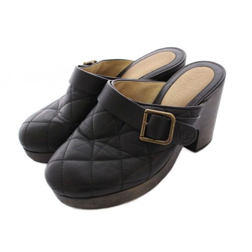 シャネル CHANEL サボサンダル ミュール キルティング レザー 34 黒 ブラック ココマーク |YM