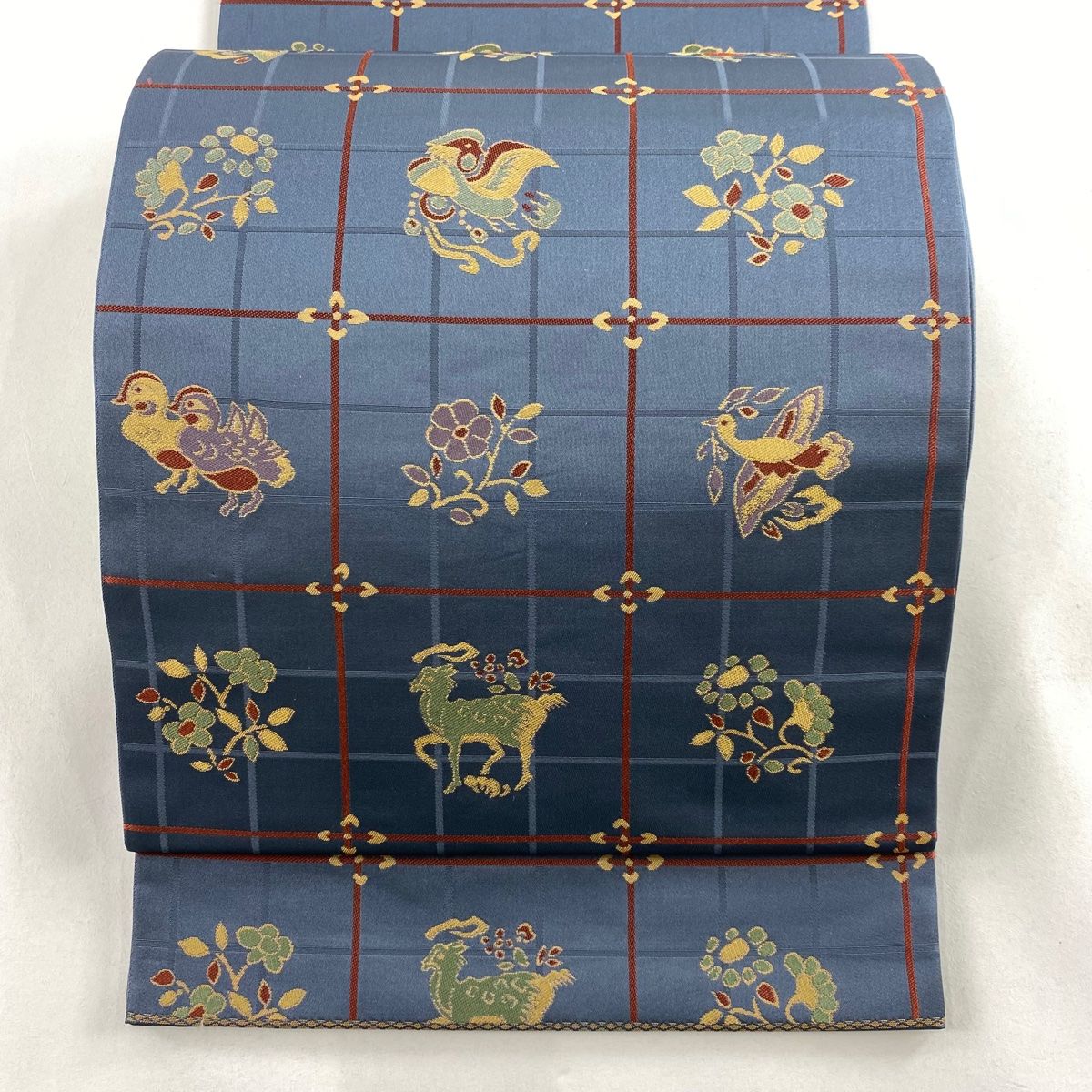 袋帯 秀品 落款 あらいそ 関西仕立て 格子鳥獣紋 草花 箔 紺色 全通 正絹