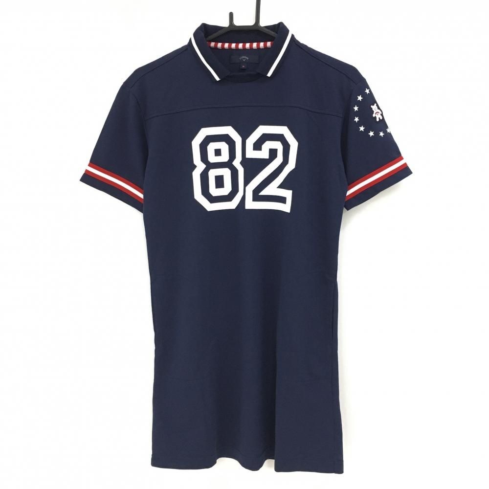 キャロウェイ 襟付き半袖ワンピース ネイビー×白 襟・袖口ライン 袖ベアワッペン  レディース M ゴルフウェア Callaway