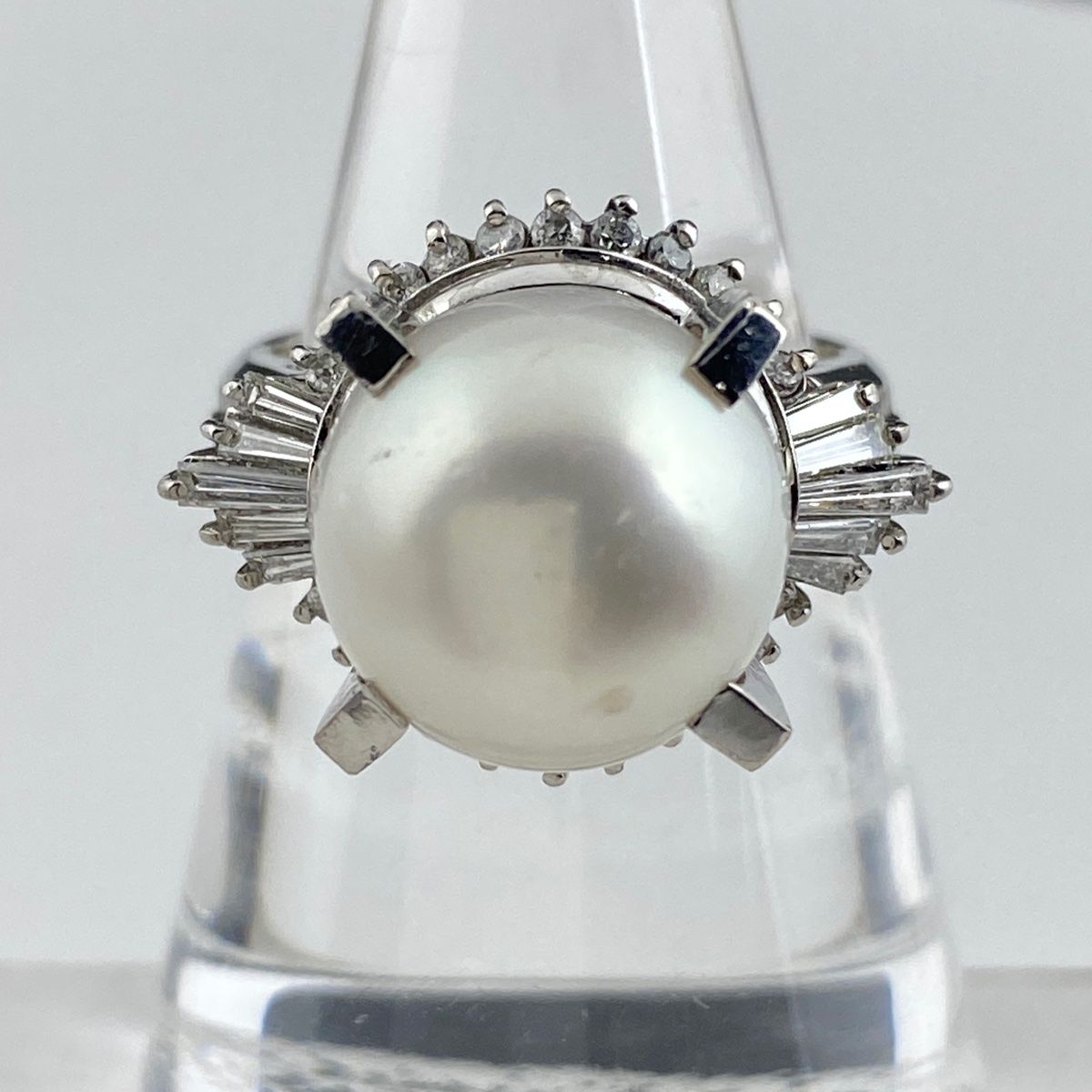 パール デザインリング プラチナ メレダイヤ 指輪 真珠 リング 14.5号