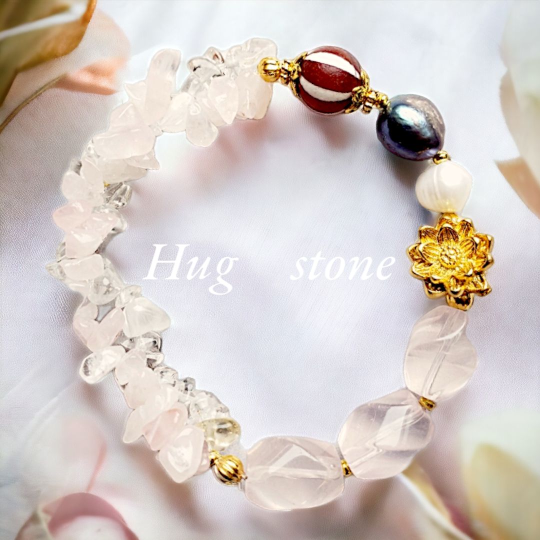 【幸せの象徴◆南瓜天珠】天然石ブレスレット　ローズクォーツ　淡水パール　水晶