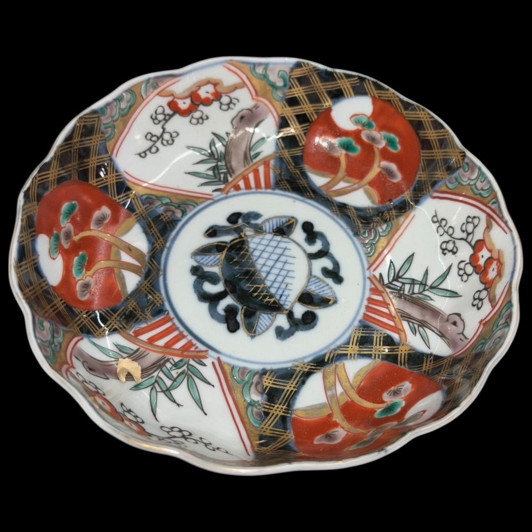 骨董 アンティーク 古伊万里 染付 柘榴文 小皿 輪花皿 3枚 大明弘治年