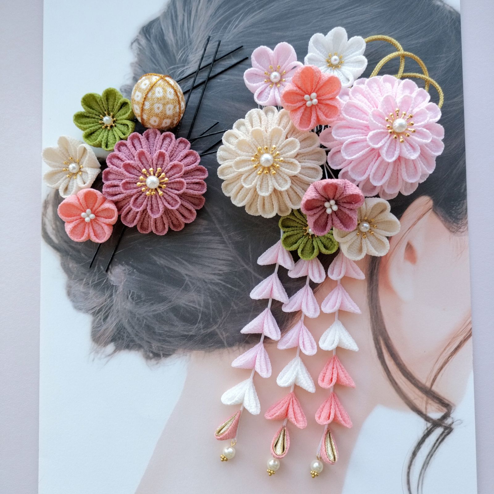 つまみ細工 髪飾り くすみ ピンク 白 成人式 卒業式 七五三 No.44