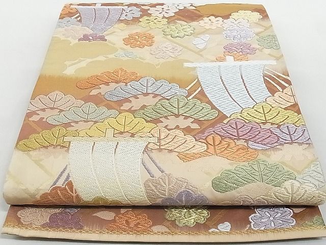 こころ出品 平和屋-こころ店◎六通柄袋帯 唐織 小舟 金糸 正絹 逸品