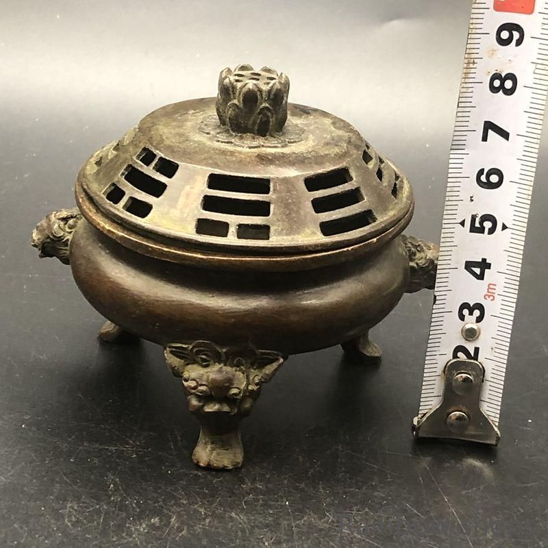 獅子蓋 双龍耳 香炉 書房 茶道 工芸品 装飾品 美術品 置物 新品・未使用】新品未使用銅器 三足双獅頭香炉 蓮華蓋薫香炉