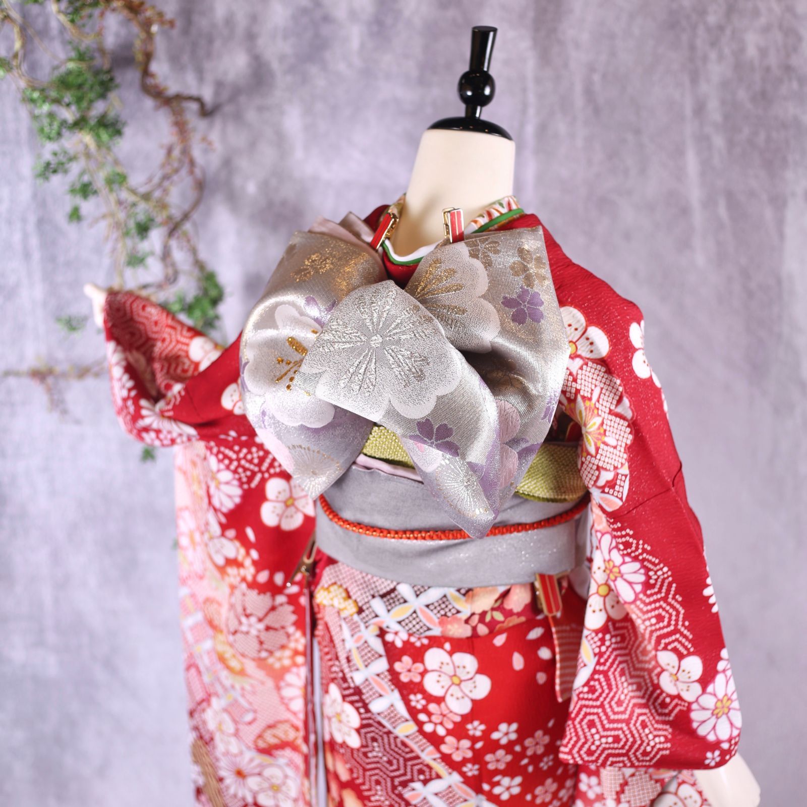 ○振袖フルセット 振袖セット 振袖 Lサイズ 中古 赤×ちりめん 美品 