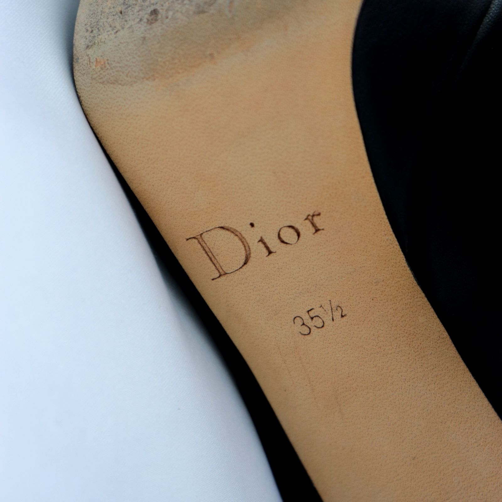 約485cmヒール高さ美品 クリスチャンディオール ギャザー レザー ロングヒールブーツ レディース 黒 35.5 Christian Dior
