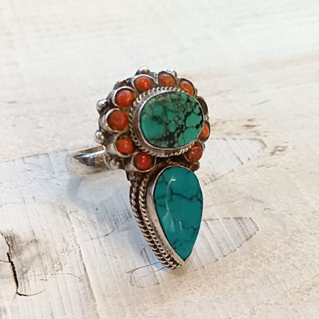 ターコイズ&コーラル インレイ スターリング シルバーリング シルバー