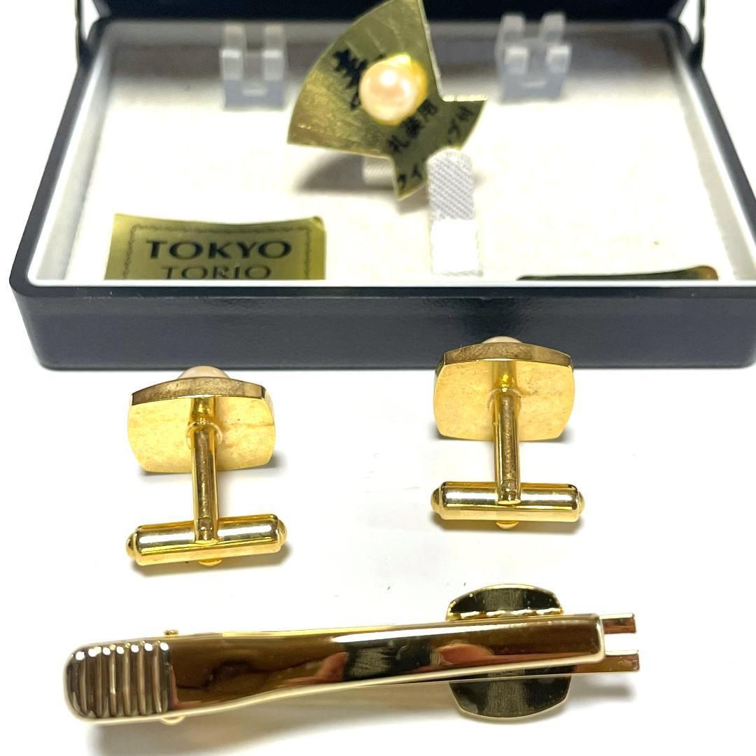 逸品】 tokyo torio カフスボタン×2 ネクタイピン×2 黒真珠 ネクタイ 