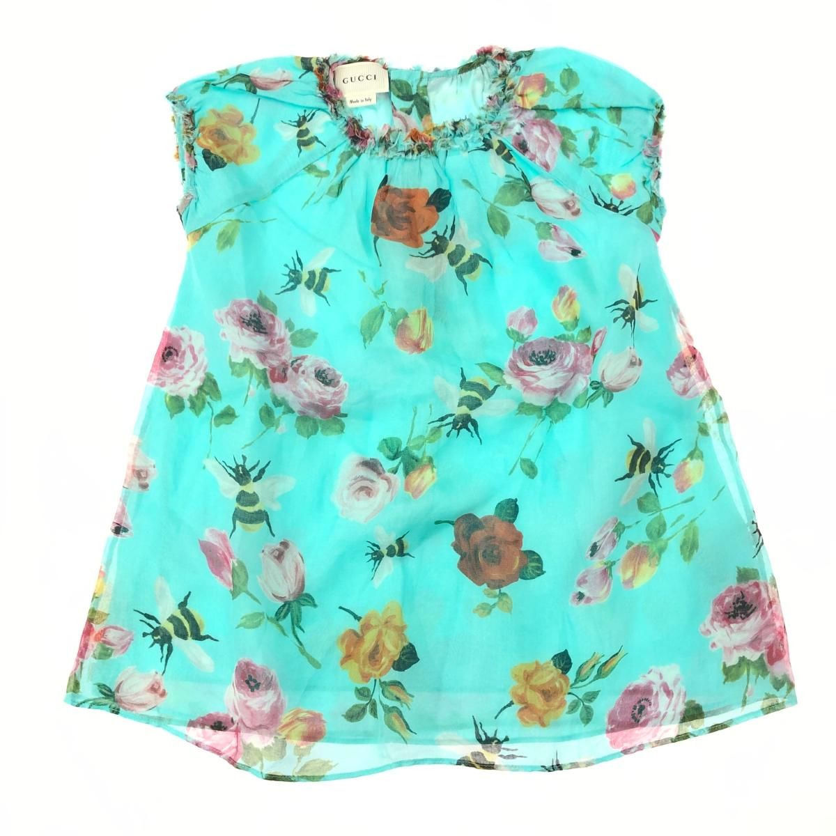 GUCCI グッチ 花柄 GGボタン ハート シルクノースリーブ ワンピース サイズ 24ｍ ブルー 絹100％ レディース 240001100575