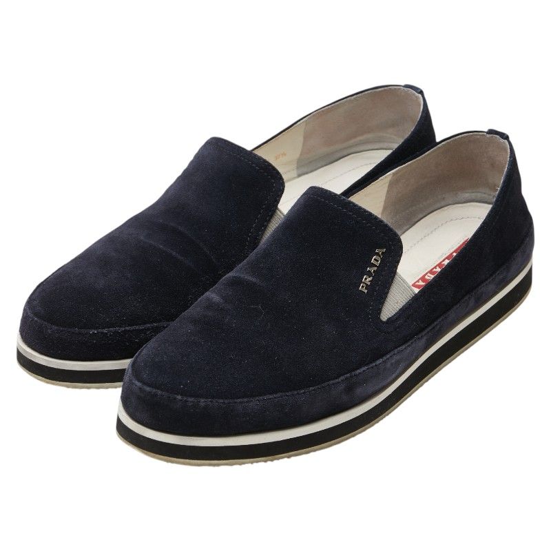 プラダ ロゴ スリッポン サイズ 37.5 ネイビー スエード レディース PRADA 1-0214119