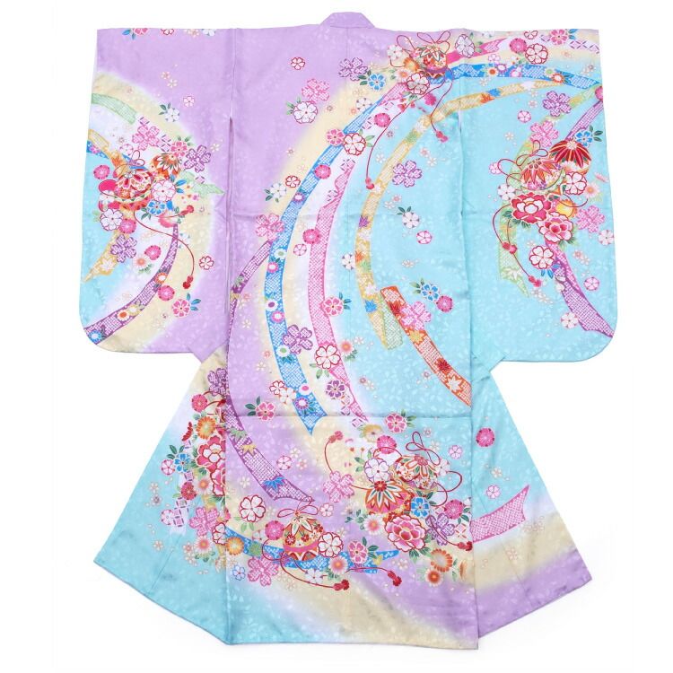 七五三 着物 ７歳 水色 ラベンダー くすみ色 花柄 四つ身 長襦袢 販売 yotsumi-t-00008