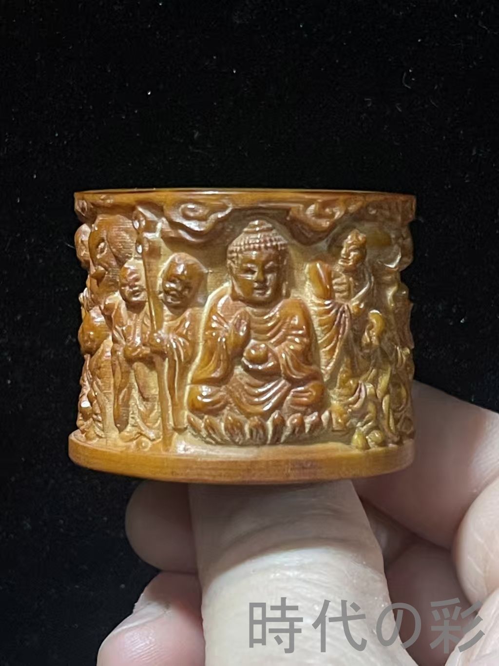 中国古美術 旧蔵 鹿角 彫刻 十八羅漢 指輪 リング 唐物 古玩 骨董 装身具 コレクション 細密彫刻 R07092919