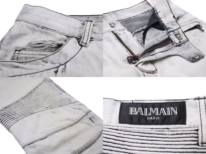 BALMAIN バルマン クラッシュバイカーデニムパンツ ダメージジーンズ T500 B383 サイズL コットン ホワイト シルバー 美品 49479