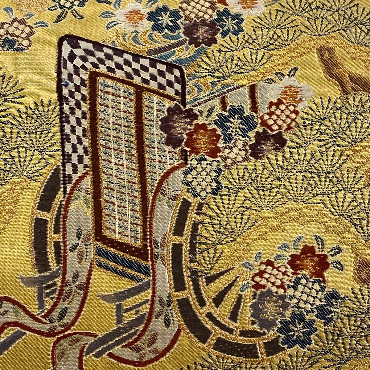 H-648 袋帯 正絹 お太鼓柄 金糸 箔 華模様 花丸模様 扇柄 金 H-648 袋帯 正絹 お太鼓柄 金糸 箔 華模様 花丸模様 扇柄 金