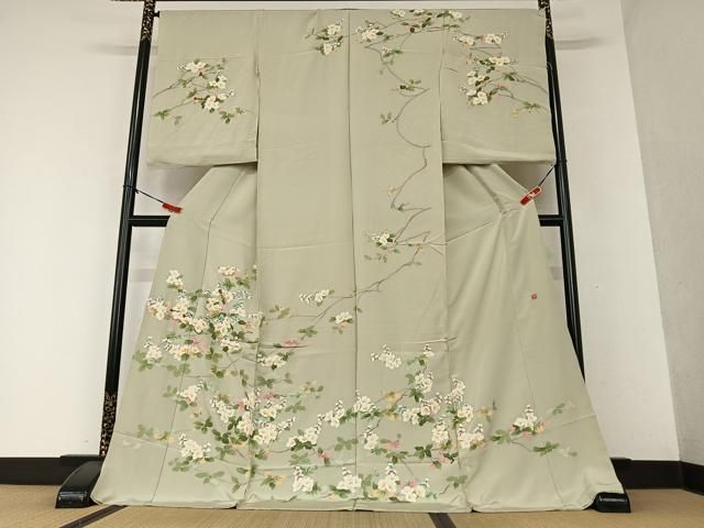 平和屋着物●本加賀友禅作家　鶴見保次　訪問着　手描き　草花文　暈し染め　鈴乃屋扱い　正絹　逸品　AABE0157cs 平和屋着物○本加賀友禅作家 鶴見保次 訪問着 枝花文 浜ちりめん 上代